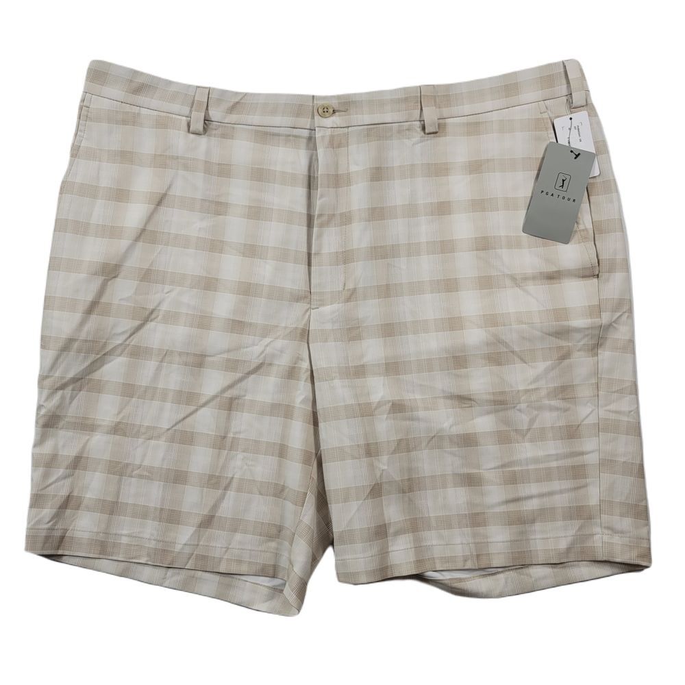 PGA TOUR Energy Plaid Golf Shorts Men 42 Tan Chinchila Wicking UPF 50 Performace